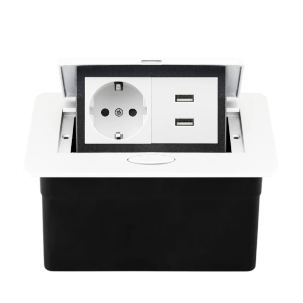 Vestavná výsuvná zásuvka 1× EU + 2× USB A 153 × 117 mm hliníkový panel 250 V s tlačítkem pomalého vysunutí pro pracovní desku bílá