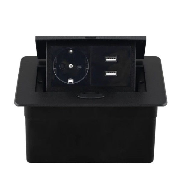 Vestavná výsuvná zásuvka 1× EU + 2× USB A 153 × 117 mm hliníkový panel 250 V s tlačítkem pomalého vysunutí pro pracovní desku černá