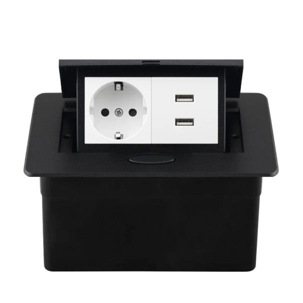 Vestavná výsuvná zásuvka 1× EU + 2× USB A 153 × 117 mm hliníkový panel 250 V s tlačítkem pomalého vysunutí pro pracovní desku černo-bílá