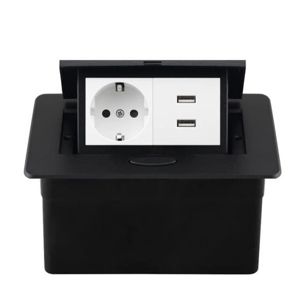 Vestavná výsuvná zásuvka 1× EU + 2× USB A 153 × 117 mm hliníkový panel 250 V s tlačítkom pomalého vysunutia pre pracovnú dosku čierno-biela