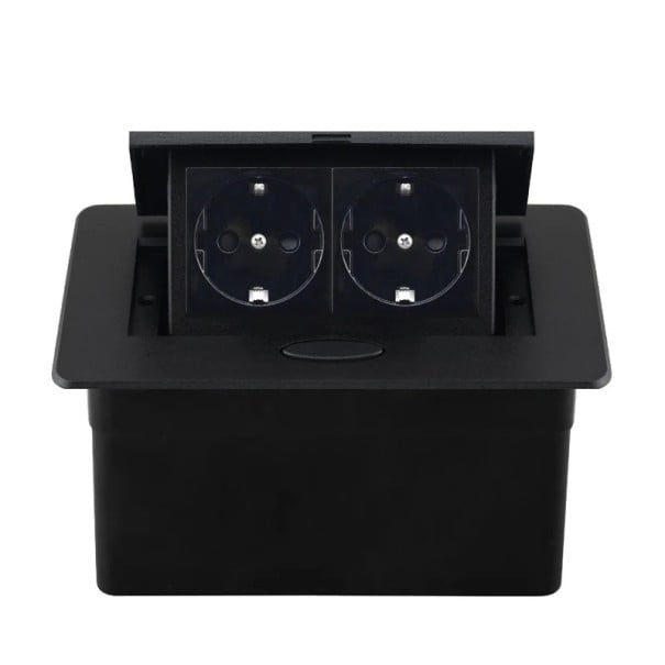 Vestavná výsuvná zásuvka 2× EU 153 × 117 mm hliníková slitina panel s tlačítkem pomalého vysunutí pro pracovní desku stolu černá