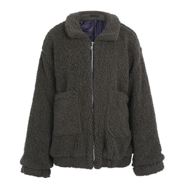 Veste chaude pour femme en peluche à zip avec col retroussé et doublure Coupe oversize ample Deux grandes poches avant Polyester vert foncé L