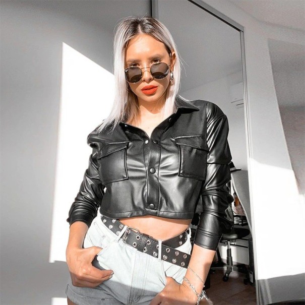 Veste courte en simili cuir pour femme noir M