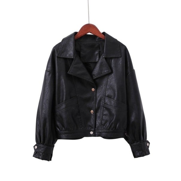 Veste courte femme en simili cuir Coupe oversize ample Col à revers large Fermeture à boutons-pression Grandes poches et manches bouffantes noir XS