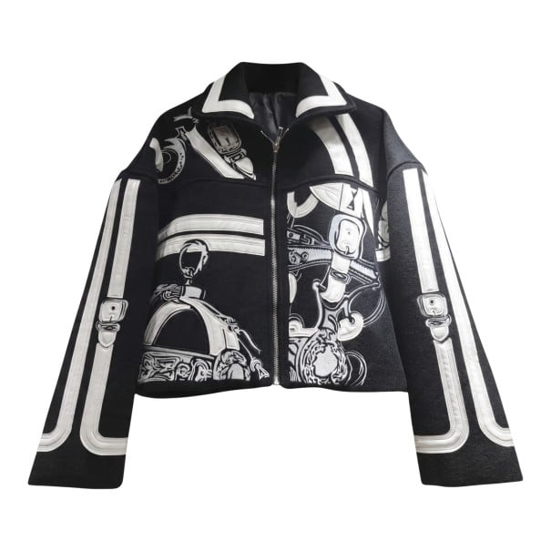 Veste courte pour femme à motif avec fermeture éclair, col et bandes décoratives avec boucles sur les manches, coupe ample, taille noir