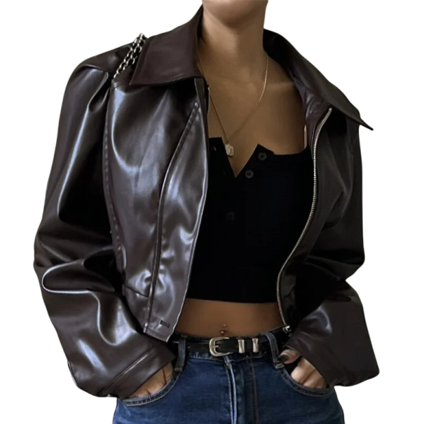 Veste courte pour femme en simili cuir Élégante veste d'automne à pressions Veste à la mode à la taille Manteau stylé avec poches Coupe moderne marron L