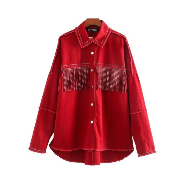 Veste d'automne pour femme avec franges rouge S