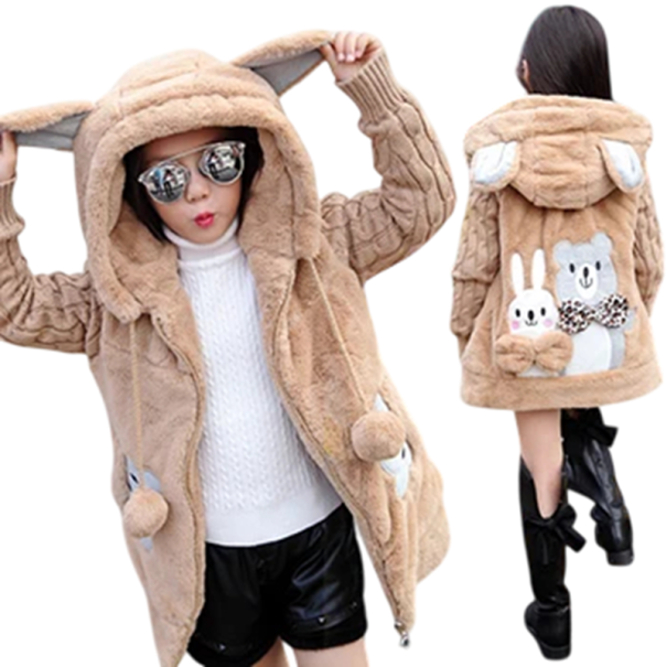 Veste d'hiver en peluche pour fille Fermeture éclair Poches avec ours Capuche avec fourrure et oreilles Image d'ours et de lapin au dos Coton Polyester marron 4