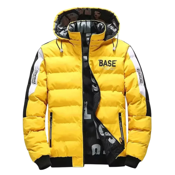 Veste d’hiver homme avec capuche Veste isolante avec inscriptions sur les manches et la doublure Fermeture zippée Poignets élastiques Style urbain pour l’hiver jaune XL