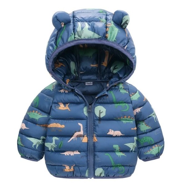 Veste d'hiver pour enfants avec capuche Fermeture éclair et boutons en pression Manteau en polyester chaud avec des images de dinosaures Coupe d'hiver confortable et chaude bleu 18-24 mois