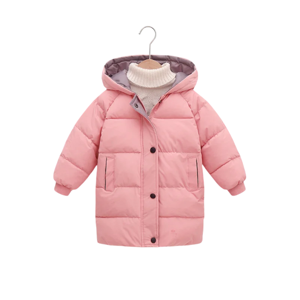 Veste d'hiver pour enfants unie avec capuche Fermeture éclair et boutons Poches Veste chaude en coton-polyester pour enfants Manteau d'hiver confortable rose 3