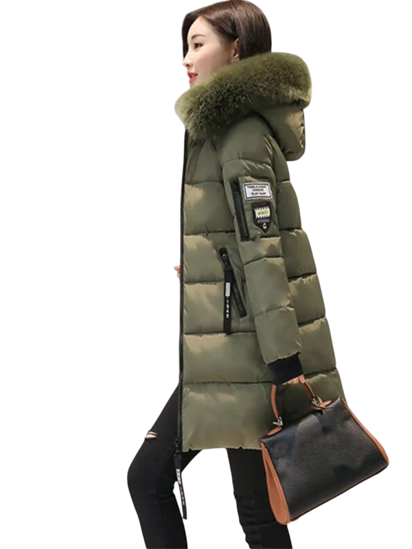 Veste d'hiver pour femme avec capuche et fourrure synthétique Parka matelassée chaude Veste longue avec poches Manteau élégant pour temps froid vert L