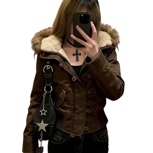 Veste d'hiver pour femme Fermeture éclair et boutons Poches pour les mains Capuche Veste d'hiver confortable marron S