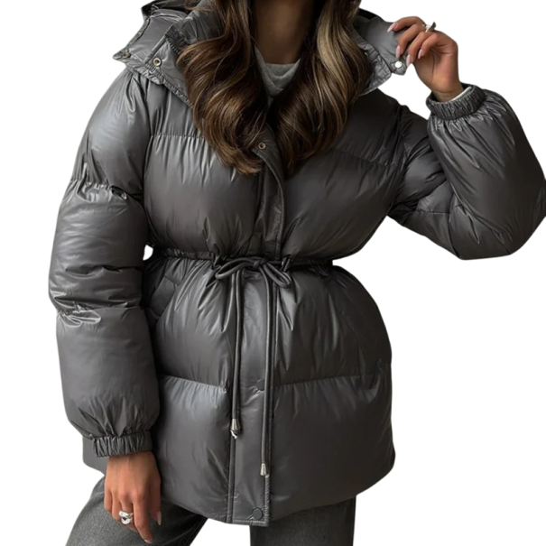 Veste d'hiver pour femmes avec capuche Fermeture éclair et boutons pression Cordon de serrage à la taille Poches pour les mains Polyester chaud et résistant Veste confortable pour la saison hivernale gris S