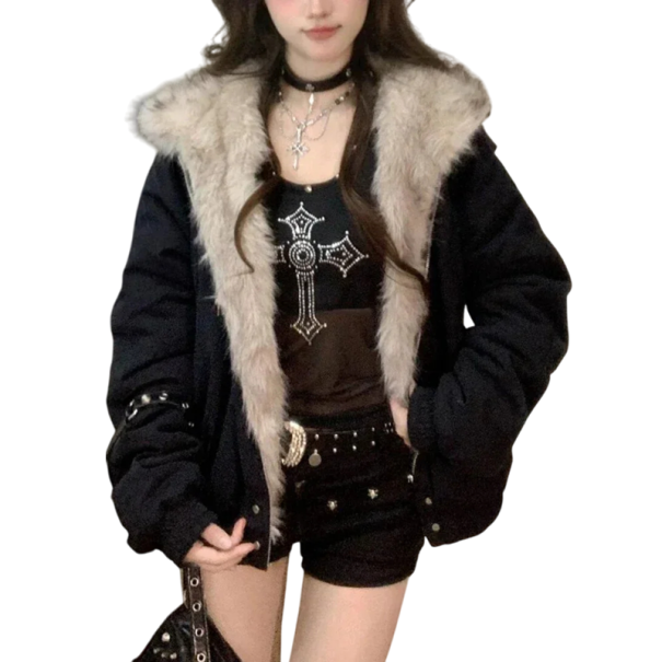 Veste d'hiver pour femmes en polyester et coton noire avec zip et boutons-pression, capuche, poches et col en fourrure, manteau élégant et chaud pour l'hiver XS