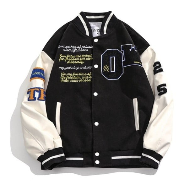 Veste de baseball pour hommes et femmes avec écussons et inscriptions brodées Manches contrastées Col et poignets côtelés avec rayures noir S