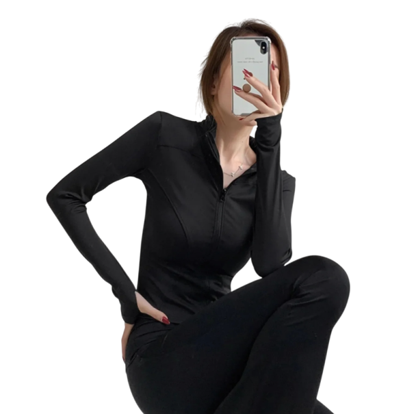 Veste de sport pour femmes à zip Coupe ajustée Ouvertures pour pouces Tissu à séchage rapide Confort de port Vêtements de fitness Entraînement noir M