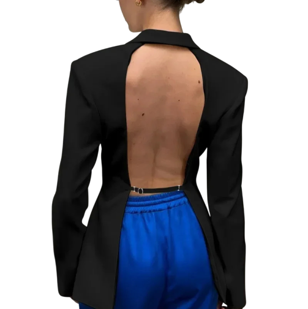 Veste élégante pour femmes avec col et poches Veste unie avec découpe dans le dos et boucle ajustable en polyester et spandex Manteau stylé noir S