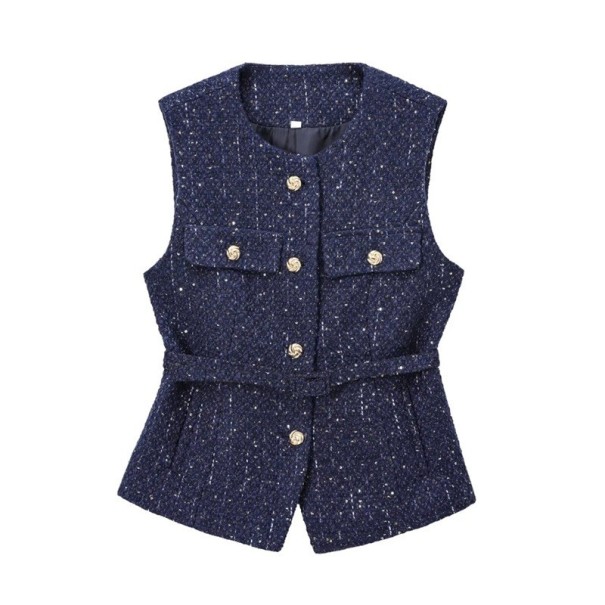 Veste élégante pour femmes unie avec ceinture et poches sur la poitrine Décolleté rond Fermeture à boutons Veste en polyester stylée Plusieurs couleurs bleu foncé L