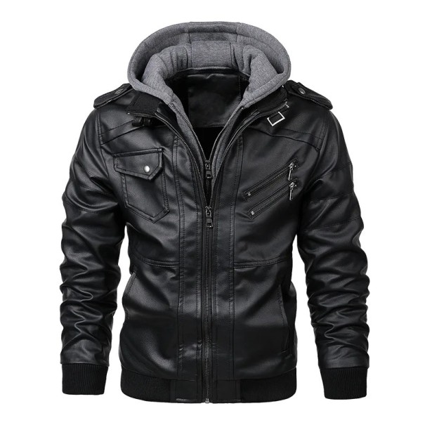 Veste en cuir avec fermeture éclair Veste d’automne avec capuche Veste élégante avec doublure et poches Veste à la mode pour la ville et pour la moto noir S