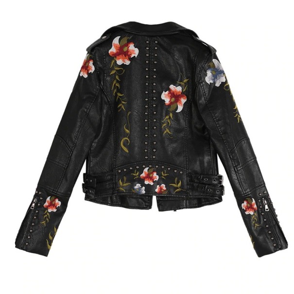 Veste en cuir pour femmes avec des fleurs noir L