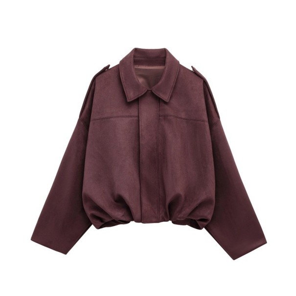 Veste en daim pour femme Coupe oversize Manteau élégant à col montant Matière douce Vêtements d’extérieur élégants pour l’automne et le printemps rouge M