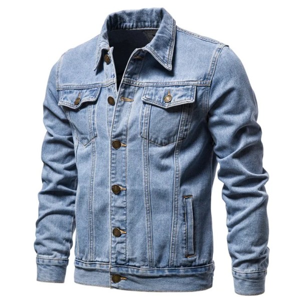 Veste en jean à manches longues pour homme Manteau en jean classique Fermeture boutonnée Poches poitrine Coutures matelassées Veste de transition élégante bleu XXS
