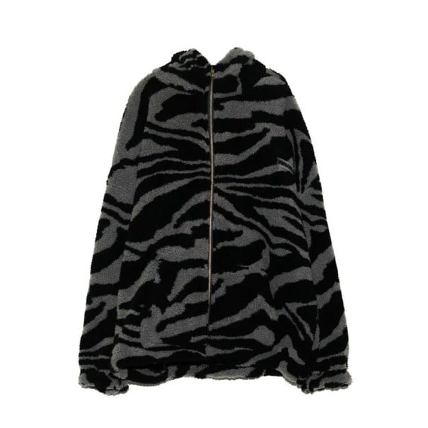 Veste en peluche pour femmes avec motif zèbre et capuche Coupe oversize décontractée Fermeture éclair Deux poches latérales Polyester gris foncé L