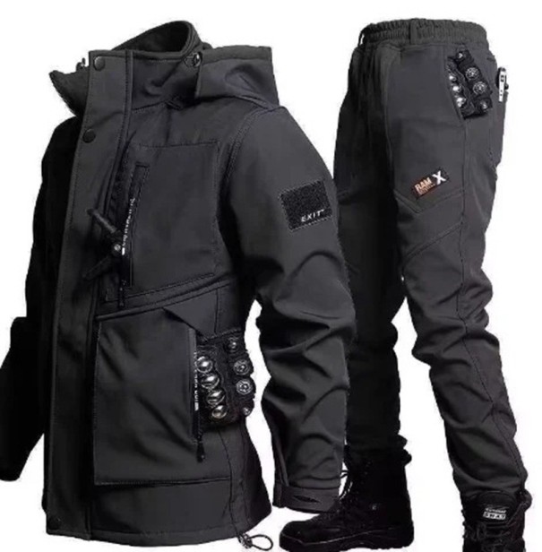 Veste et pantalon de pluie unisexe avec capuche et poches, protection contre la pluie, polyester, coton pour la conduite de moto noir L