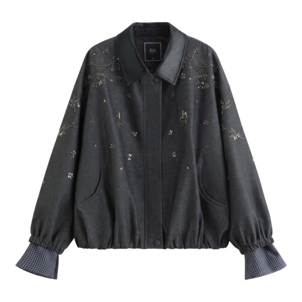 Veste femme avec perles et paillettes coupe oversize décontractée avec col et poignets à carreaux gris foncé veste de printemps pour la ville M