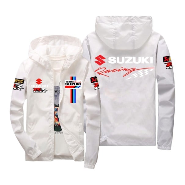Veste imperméable pour homme avec capuche et fermeture éclair avec impression dans le style de course de motard sur la poitrine blanc XS