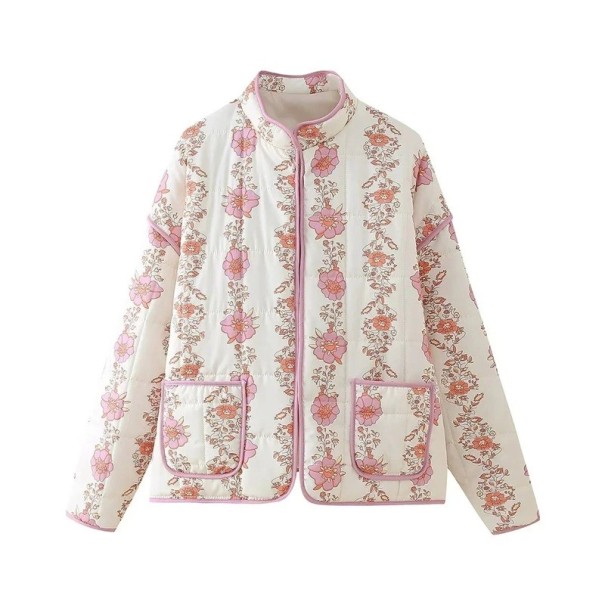 Veste matelassée blanche pour femme avec motif floral rose Veste légère de printemps avec poches Manteau élégant avec bordure et manches longues L