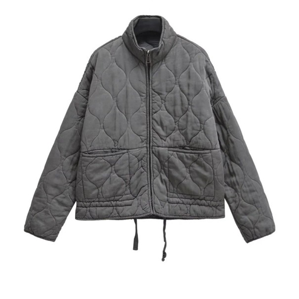 Veste matelassée grise pour femme avec col montant Veste légère de printemps zippée Veste de transition élégante avec poches Ourlet inférieur ajustable S
