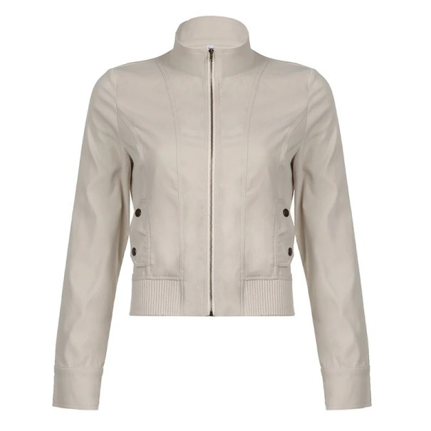 Veste pour femme gris clair à fermeture éclair Veste courte avec col Veste de printemps et d'automne Veste élégante à la taille avec poignets Style urbain S