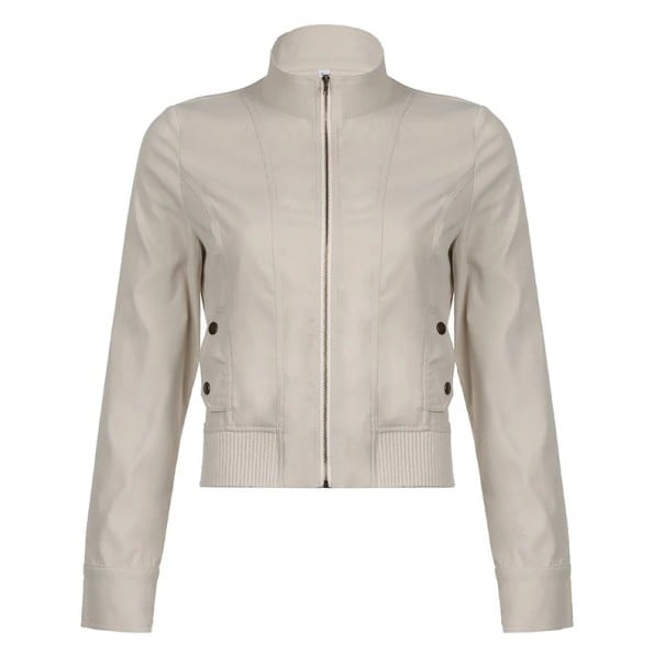 Veste pour femme gris clair à fermeture éclair Veste courte avec col Veste de printemps et d'automne Veste élégante à la taille avec poignets Style M