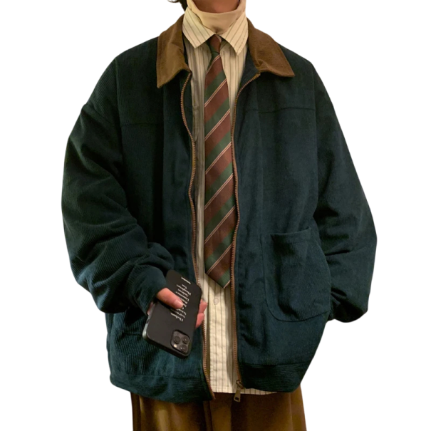 Veste zippée en velours côtelé avec col Veste rétro oversize avec poches Veste d’automne élégante pour les loisirs Style vintage pour la ville et le bureau bleu M