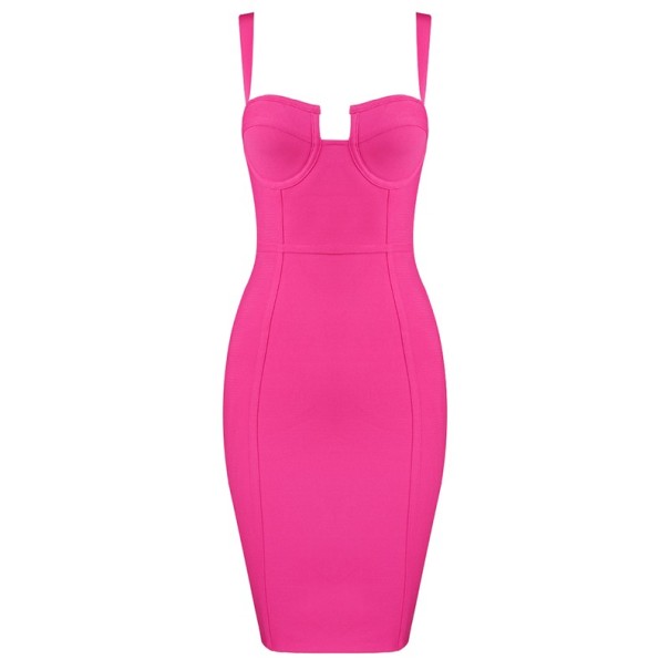 Vestido bodycon de bandagem para mulheres com alças e decote estruturado rosa escuro M