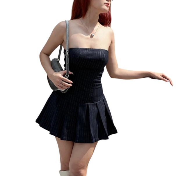 Vestido corto azul sin tirantes con falda en forma de A Cuerpo ajustado Espalda elástica Estampado de rayas Estilo juvenil tanto para ocio como para noche L
