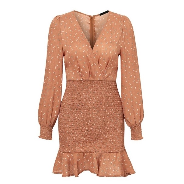 Vestido curto com folhos ocre M