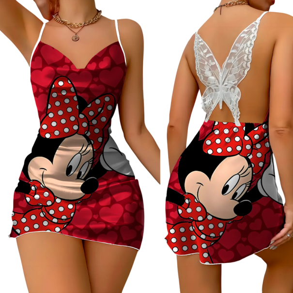 Vestido curto vermelho com estampado de personagem de desenho animado e costas em renda em forma de asas de borboleta Corte assimétrico Padrão marcante Alças finas Estilo sexy XXS