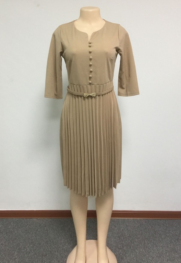 Vestido de color liso con falda plisada. beige S