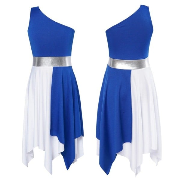Vestido de dança para meninas com corte assimétrico e um ombro, saia de bolso com bordas em ponta, poliéster e elastano, para dança azul escuro 16