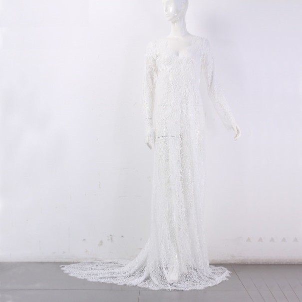 Vestido de encaje con cola blanco XS