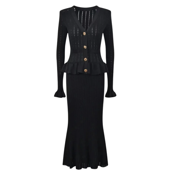 Vestido de malha canelada elegante com botões dourados Decote em V Mangas longas Detalhe de folhos Vestido de malha social para outono e primavera preto