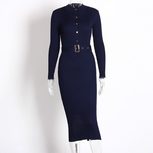 Vestido de malha feminino com mangas longas azul escuro S