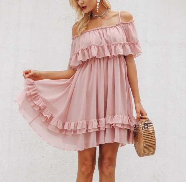 Vestido de mujer con volantes rosa L