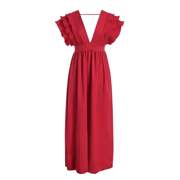 Vestido de noche largo con volantes rojo S