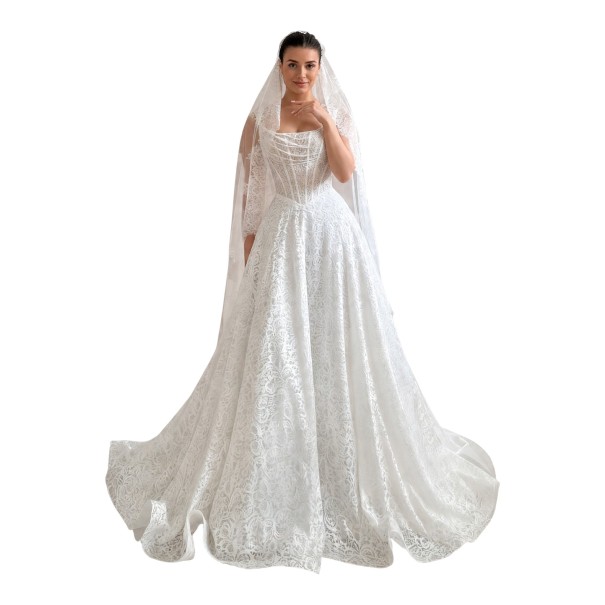 Vestido de noiva longo feminino com alças, corpete de espartilho e pérolas, saia em A e cauda branca com padrão de renda XS