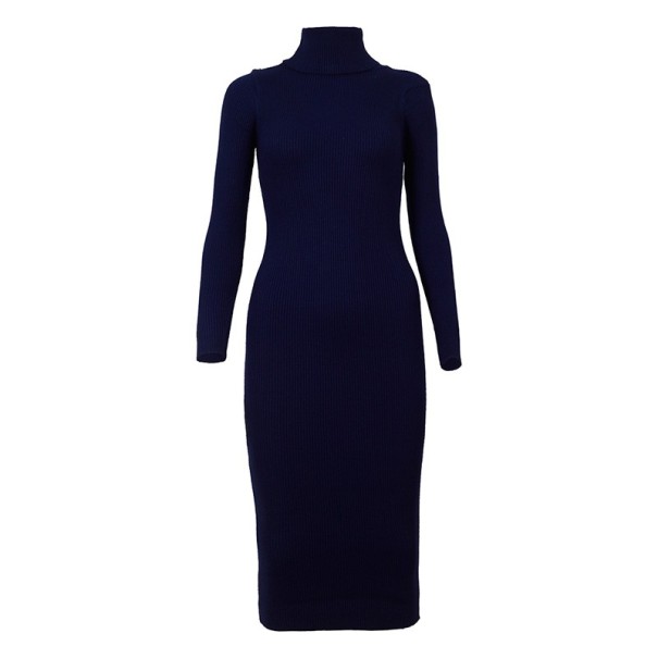 Vestido de punto con cuello alto azul oscuro M
