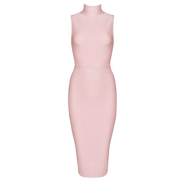 Vestido de vendaje con cuello alto rosa S